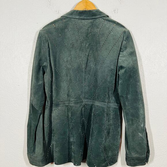 Ecru Hand Tooled Suede Shacket Button Up Top Shirt Long Sleeve Black - L - Picture 4 of 7